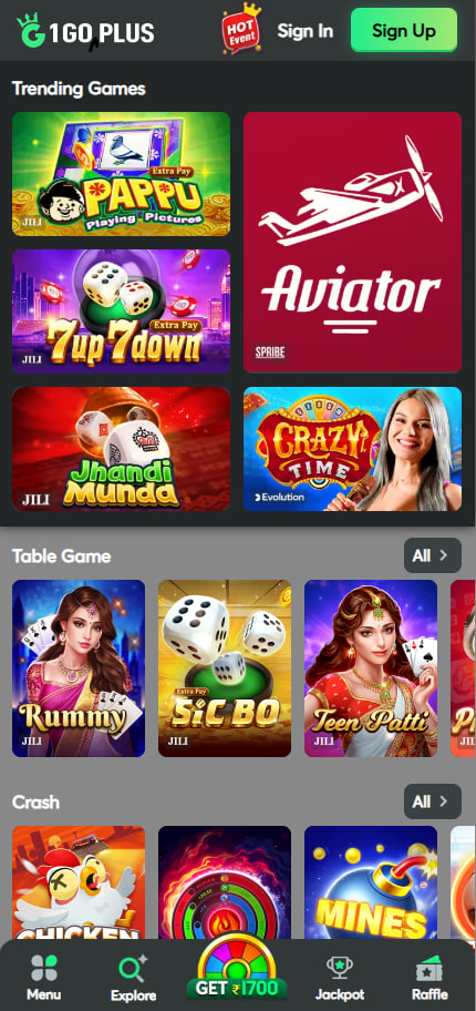 Official 1GO Plus application dashboard featuring Aviator and interactive online tables